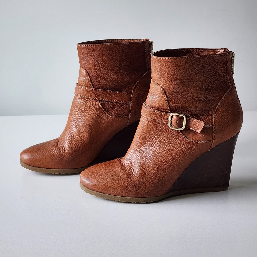 J.Crew Wedge Ankle Boots Womens 38.5 7.5US Brown Leather Buckle Zip Preppy Shoe